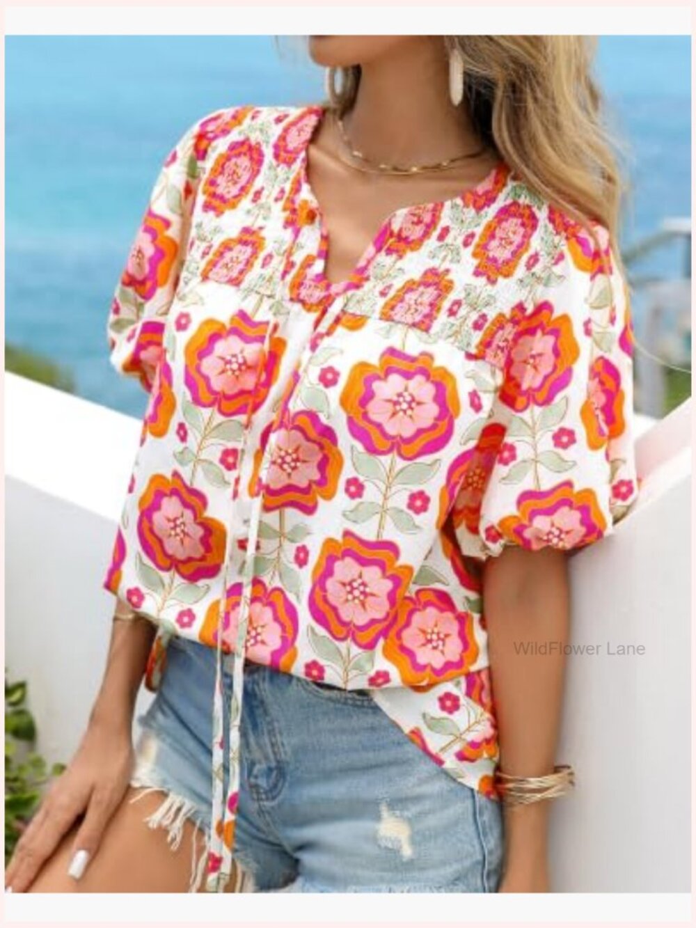 Boho Floral V Neck Blouse Drawstring Short Sleeve Summer Shirt - Picture 5 of 7